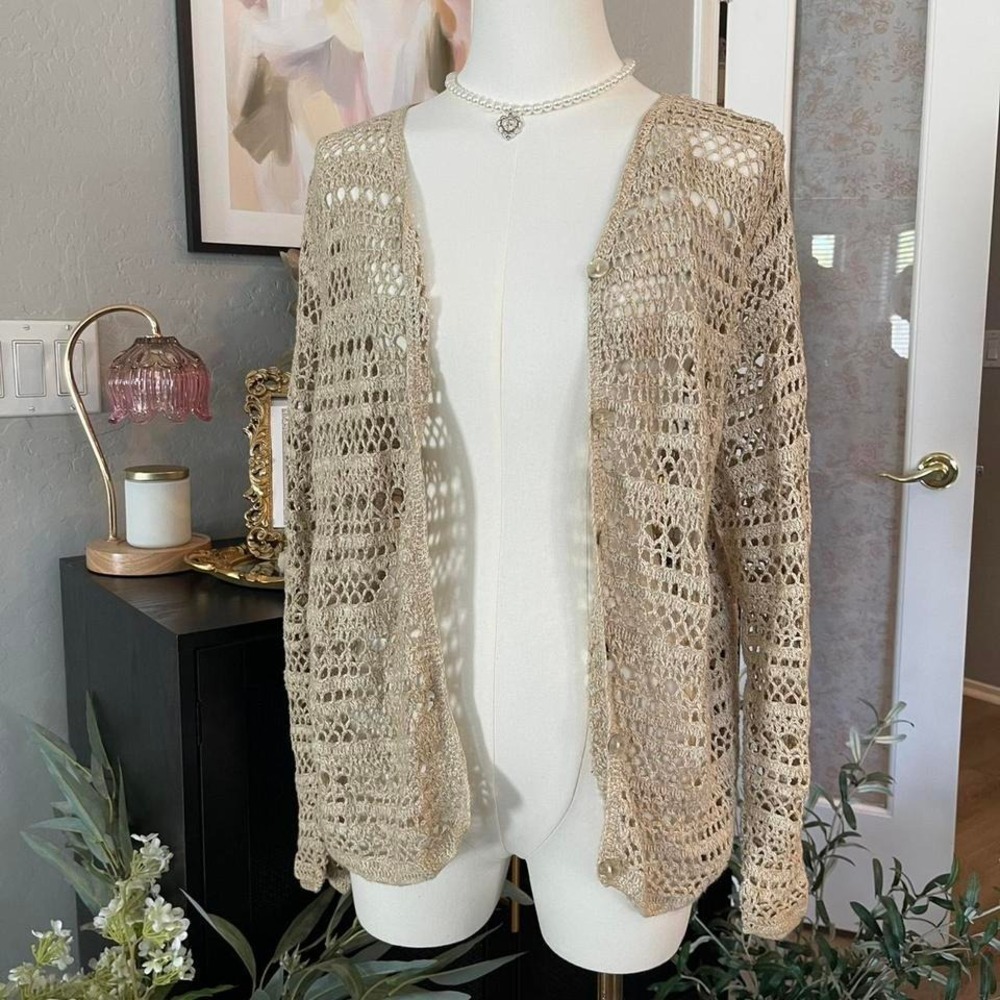 Crossroads Crochet Cardigan Women Size M Beige Excellent Open Knit V-Neck Boho
